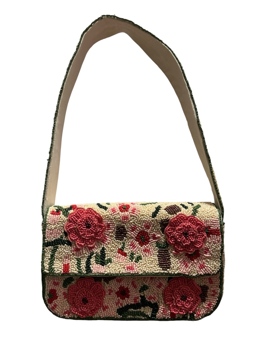 Floral Beaded Shoulder Bag in Cream and Pink
